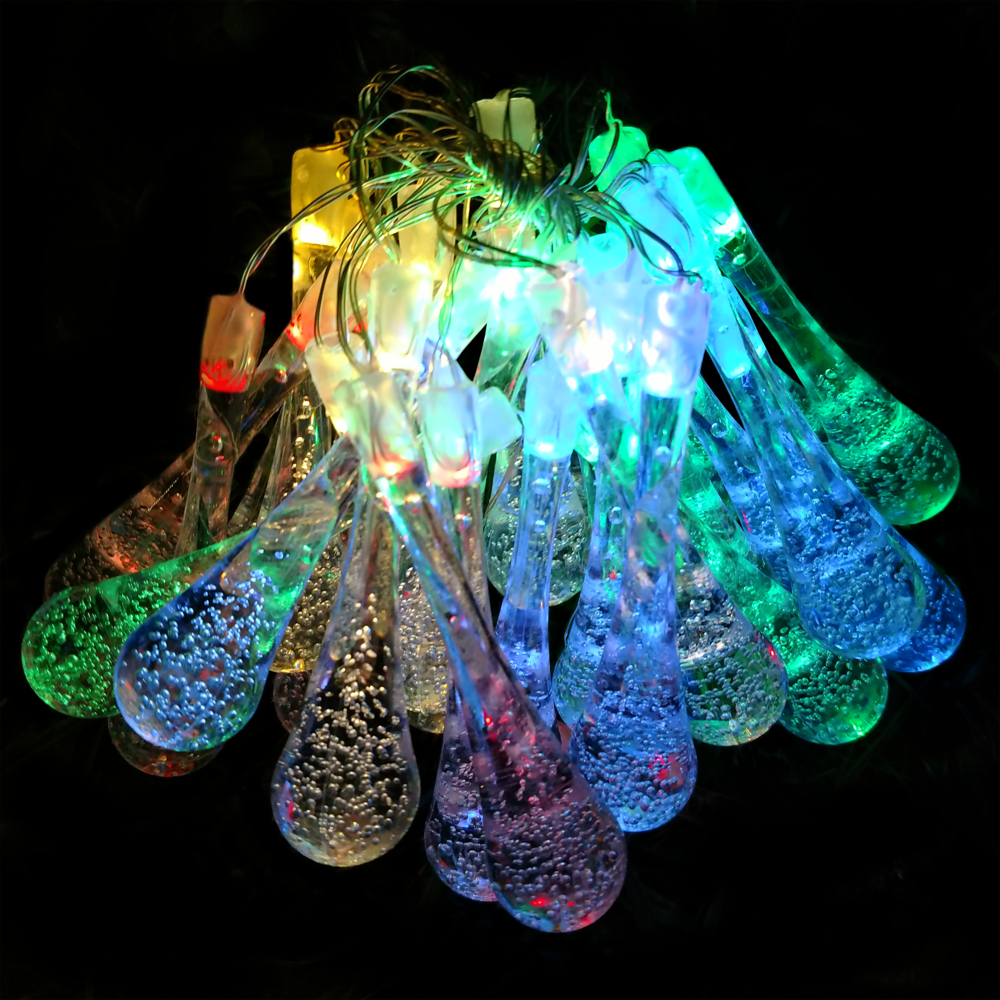 30-LED SOLAR WATER DROP STRING LIGHTS BLUE LED CRYSTAL EFFECT AIR BUBBLES 